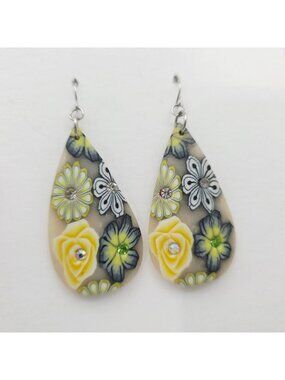 Floral Teardrop Earrings Yellow And Blue Flowers & Rhinestone Polymer 2.75